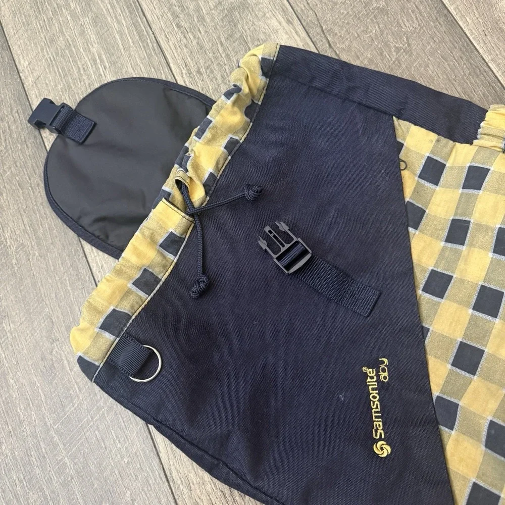 Vintage 1999 Samsonite Travel Tote Baby Diaper Bag Backpack Plaid Navy Yellow
